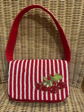 Red Striped Beaded Cherry Shoulder Bag